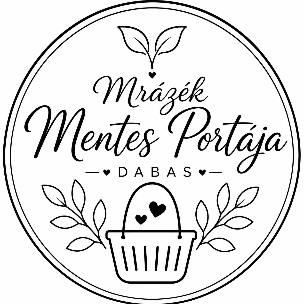 Kör alakú logó, kosár ikon, szív és levél díszítéssel, MentésPont felirattal.